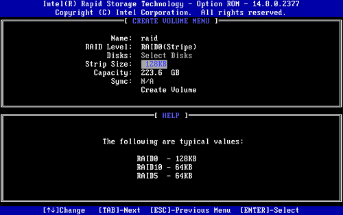 Intel NUC的RAID設定-設定條帶大小