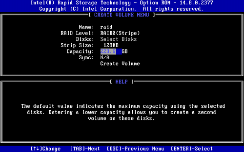 Intel NUC的RAID設定-設定RAID大小