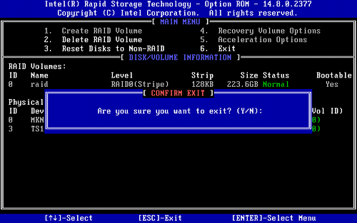 RAID Setup for Intel NUCs-Exit RAID screen