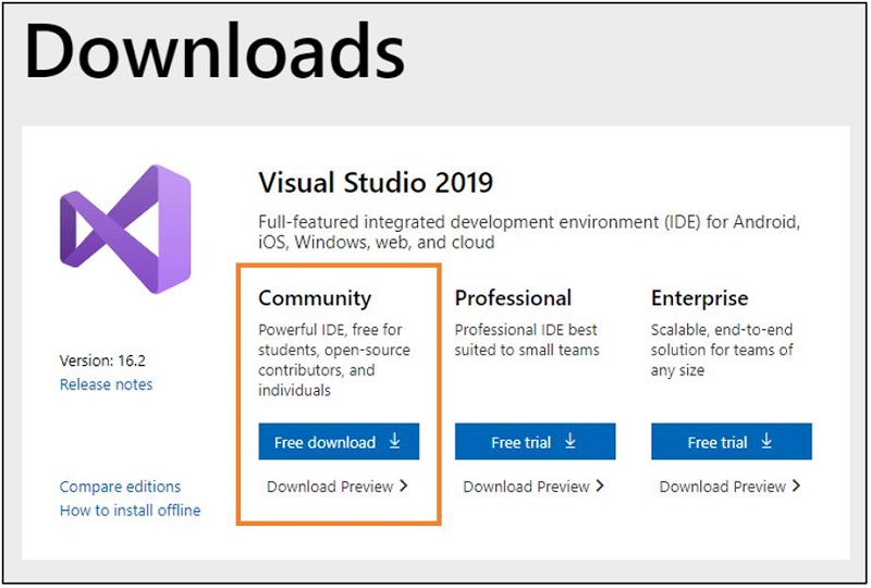 Visual studio 2019 community download page