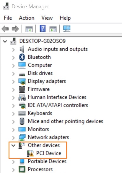 Device Manager with PCI Device selected