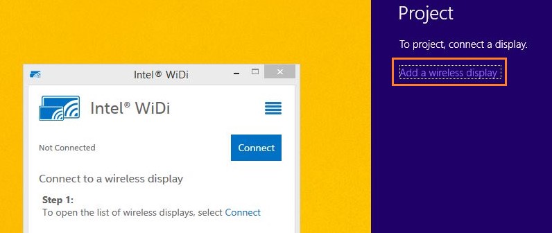 An image indicating the location of the add a wireless display link in Win 8.1