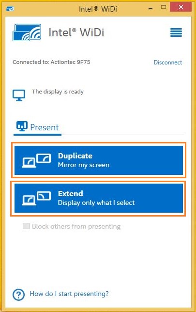 An image indicating where to find the Duplicate preset in the Intel® WiDi UI