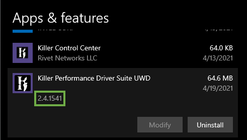 Intel Killer Control Center Version Number Does Not Match