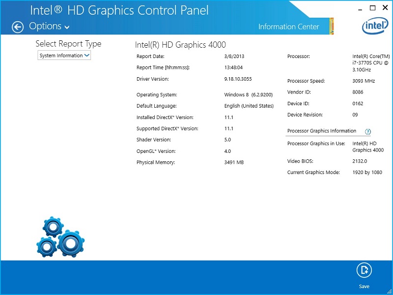 The Intel graphics driver report as seen in the Intel® HD Graphics Control Panel.