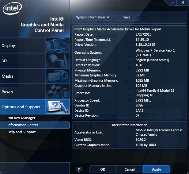 The Intel graphics driver report as seen in the Intel® Graphics and Media Control Panel.