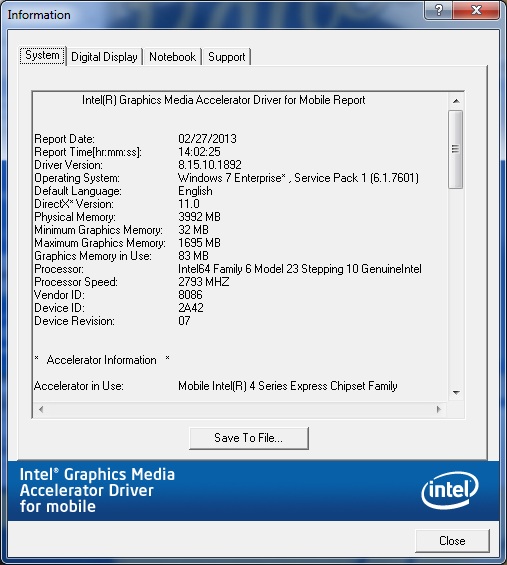 The Intel graphics driver report as seen in the Intel® Graphics Media Accelerator Driver.