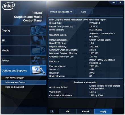 intel mobile 4 series graphics control panel