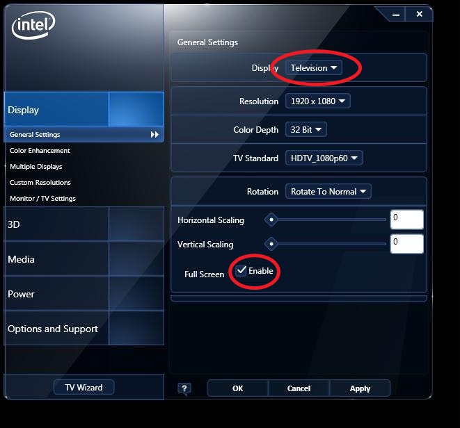 Scaling options on the Intel® Graphics and Media Control Panel