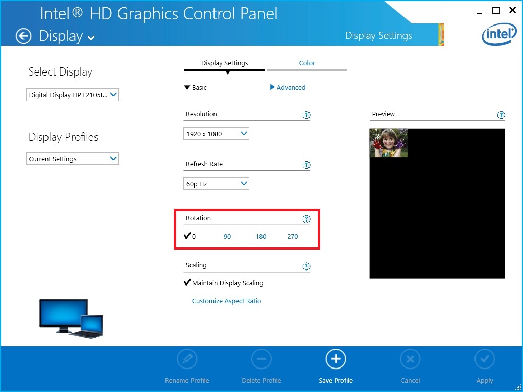Using Screen Rotation with the Intel® Graphics Control Panel