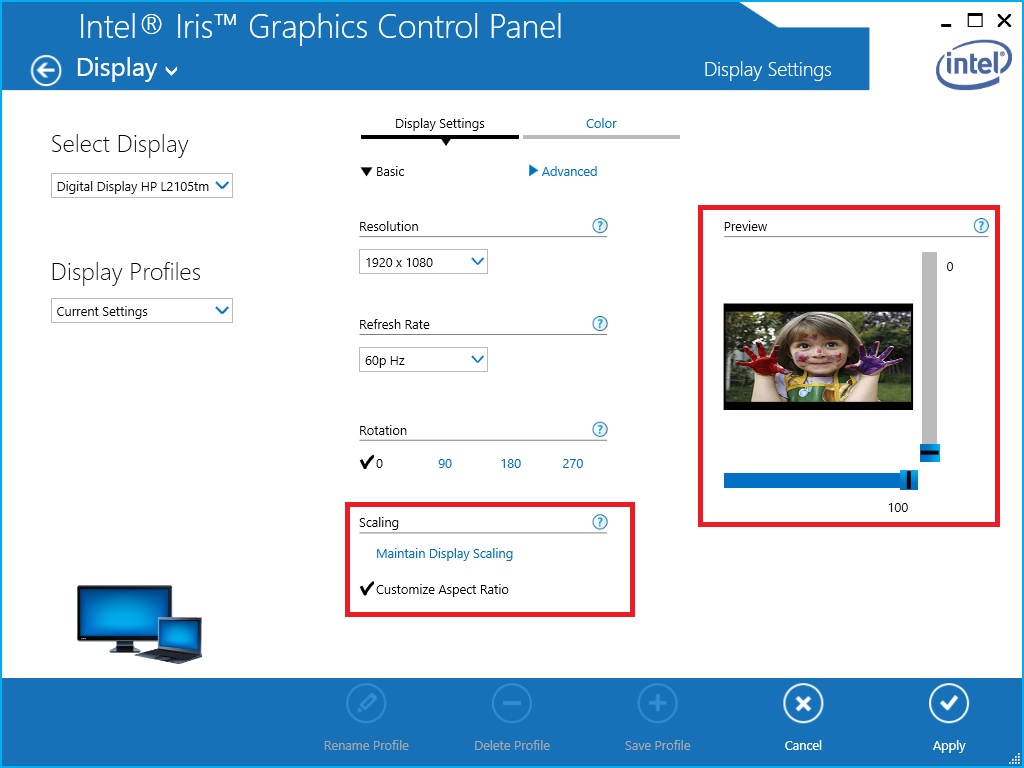 Scaling options in the Intel® HD Graphics Control Panel.