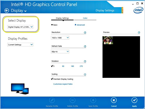 Display section of newer Intel graphics drivers