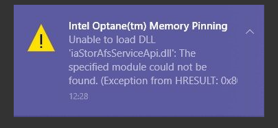 Intel optane memory pinning unable to load dll iastorafsserviceapi.dll