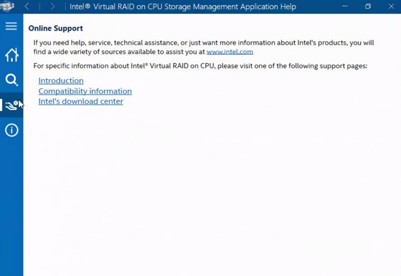 Intel VROC GUI Online Support screenshot