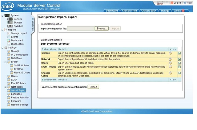 Modular server control configuration import export