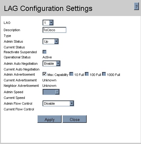 LAG Configuration settings