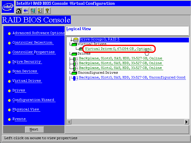 Screenshot of RAID BIOS Controller indicating highlighting a Virtual Disk