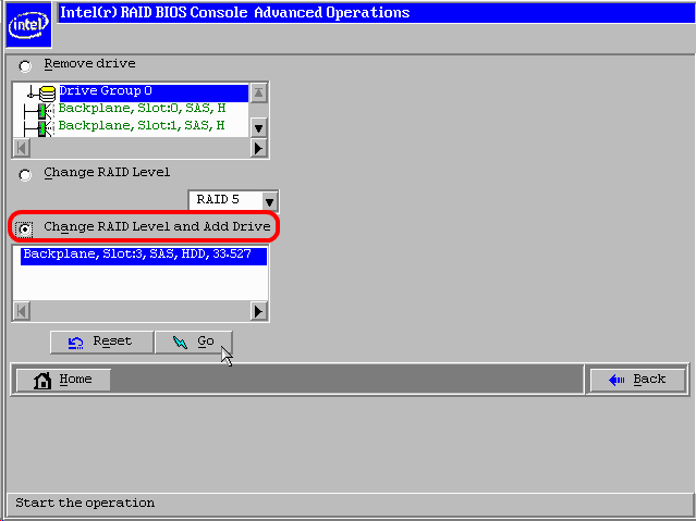 Screenshot of RAID BIOS Console with "Change RAID level and Add Drive" highlighted