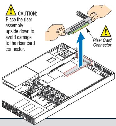 Image depicting Riser card orientation and caution message: Place the raiser assembly upside down to avoid damage to the raiser card connector.