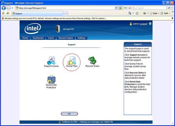 Screenshot of the  Intel® Entry Storage System manager indicating the location of the Dump File icon