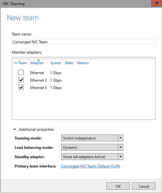 NIC Teaming dialog box