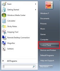 Screenshot of Windows 7 Start menu indicating the location of the Control Panel button
