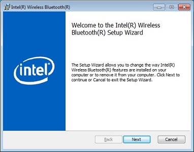 Screen shot of the initial screen of the Intel Bluetooth Software installer