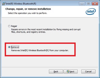 Screen shot of the Intel Bluetooth Software Installer indicating the location of the "Remove" radio button