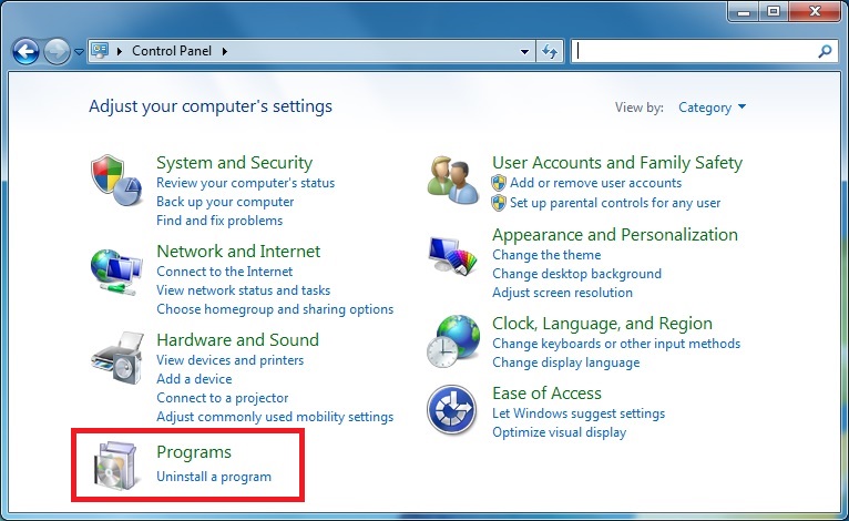 Screenshot of Control Panel indicating the location of the Programs button
