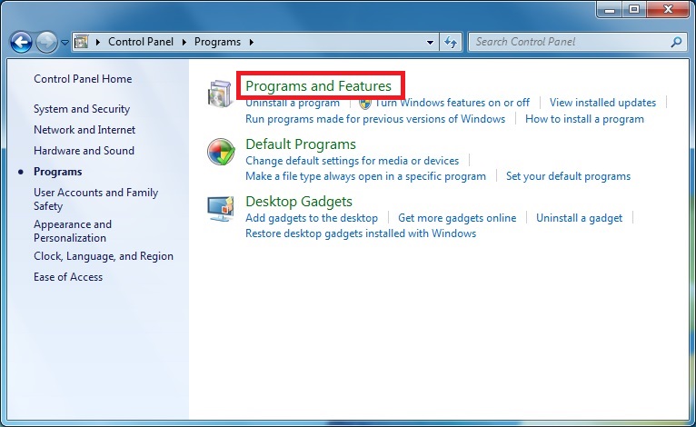 Screen shot of the Programs panel in the control panel indicating the location of the "Programs and Features" button