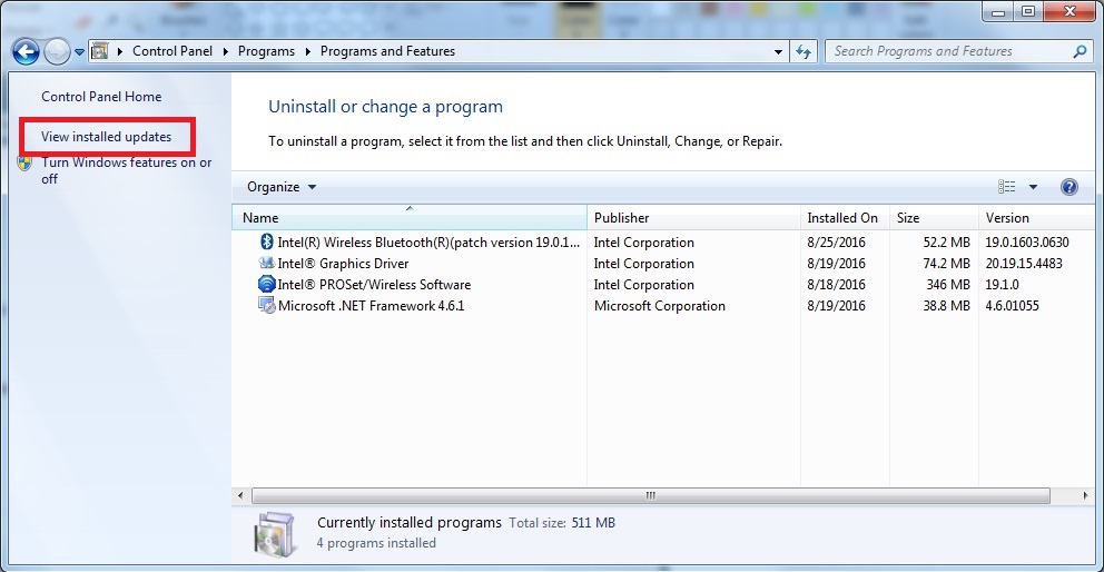 Screen Shot of the "Programs and Features" section of the control panel indicating the location of the "View Installed Updates" button