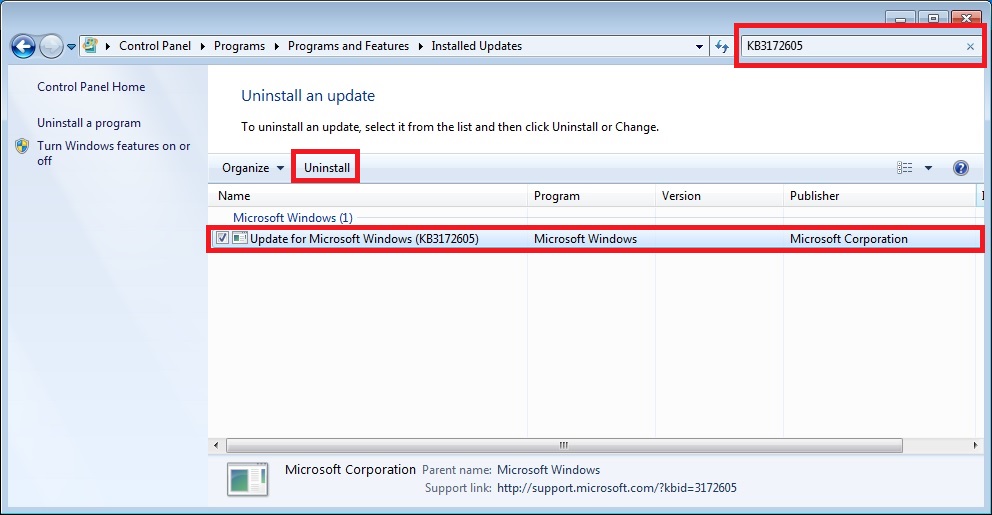 Screen shot of the "Installed Updates" section of the control panel indicating where to enter the KB Number, the update you should select and the location of the "Uninstall" button