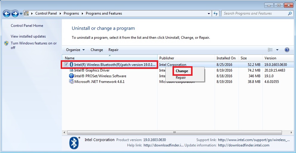 Screen shot of "Programs and Features" section of the control panel indicating the location of "Intel Wireless Bluetooth" and the "Change" buttons