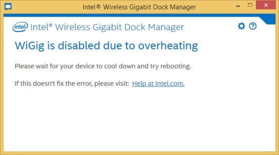 Screenshot of "Intel® WiGig is disabled due to overheating" error