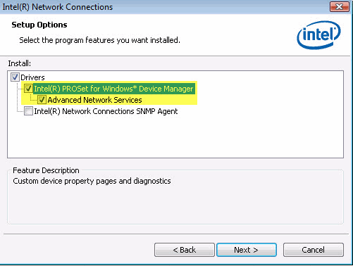 Setup options screen with both Intel® PROSet for Windows* Device Manager and Advanced Network Services selected