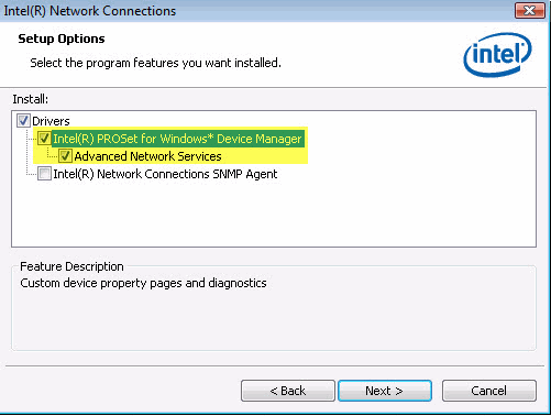 Écran des options d’installation avec Intel® PROSet pour le Gestionnaire de périphériques Windows* et les Services réseau avancés sélectionnés