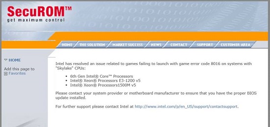 第6世代インテル プロセッサーでゲームプレイ時のエラーコード8016