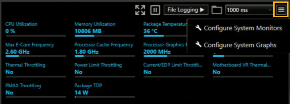 Screenshot of the Intel System Monitor interface showing the Menu icon (three horizontal lines) in the upper-right corner, with options for Configure System Monitors and Configure System Graphs displayed.
