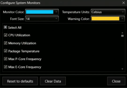 Configure System Monitors window showing selectable system monitoring options