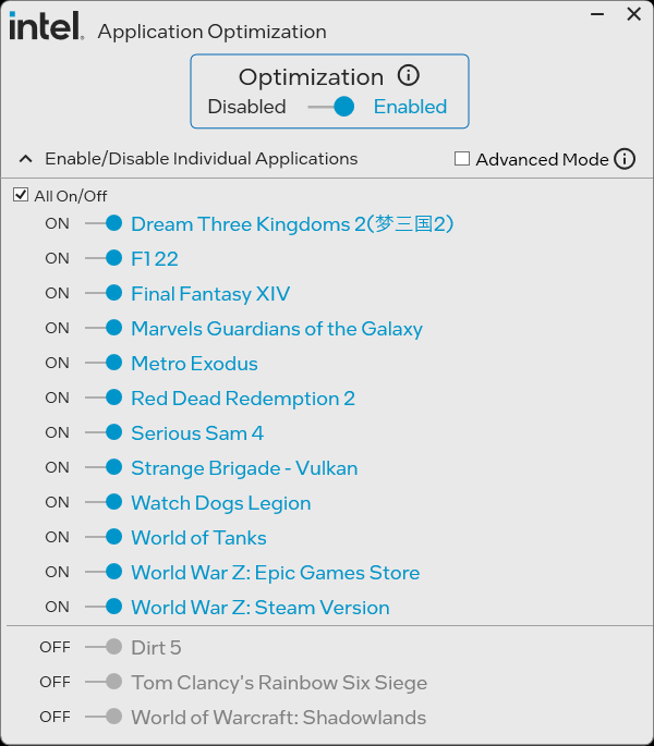 Expanded view with detected applications list