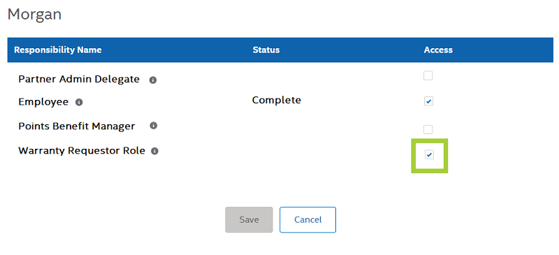 Select the box for Warranty Requestor Role under Access