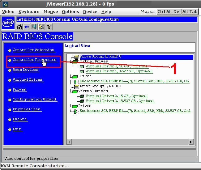 Screenshot of RAID BIOS console indicating location of Controller Properties