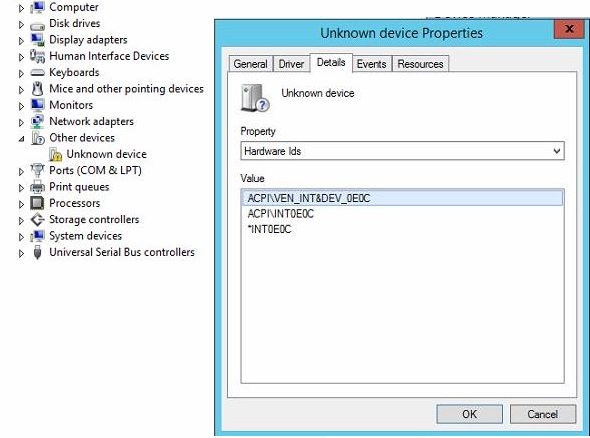 ACPI\INT0E0C-Related, Yellow, Unknown Device In Device Manager On.