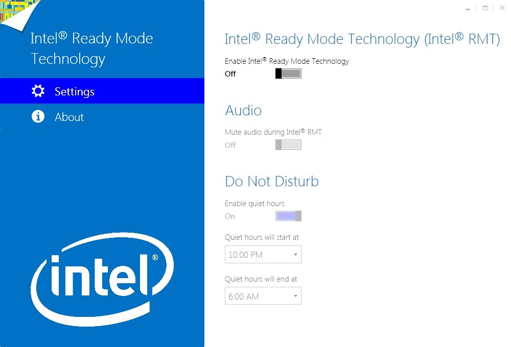 Image depicting what the configuration utility screen looks like if Intel ready mode technology is disabled