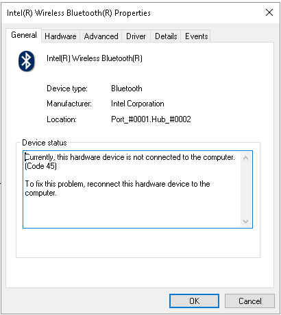 Error Code 45 on Device Manager for Intel® Bluetooth® or Wireless (Wi-Fi) Devices