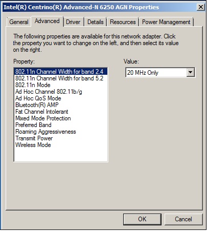 Captura de pantalla de Intel(r) Centrino(r) advanced-n 6250 AGN Properties