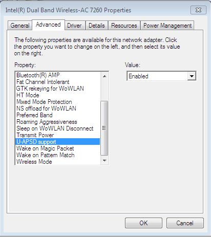 Screen shot of Intel(R) Dual Band Wireless-AC 7260 Properties