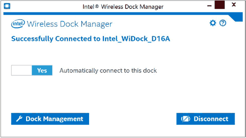 Screenshot of Intel(r) wireless Dock Manager showing the "Automatically connect to the dock" slider