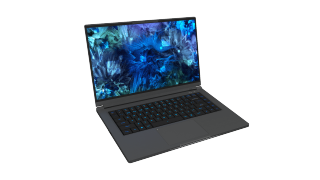 Open laptop placed on a tabletop with bright blue image of a folded material showing on the screen