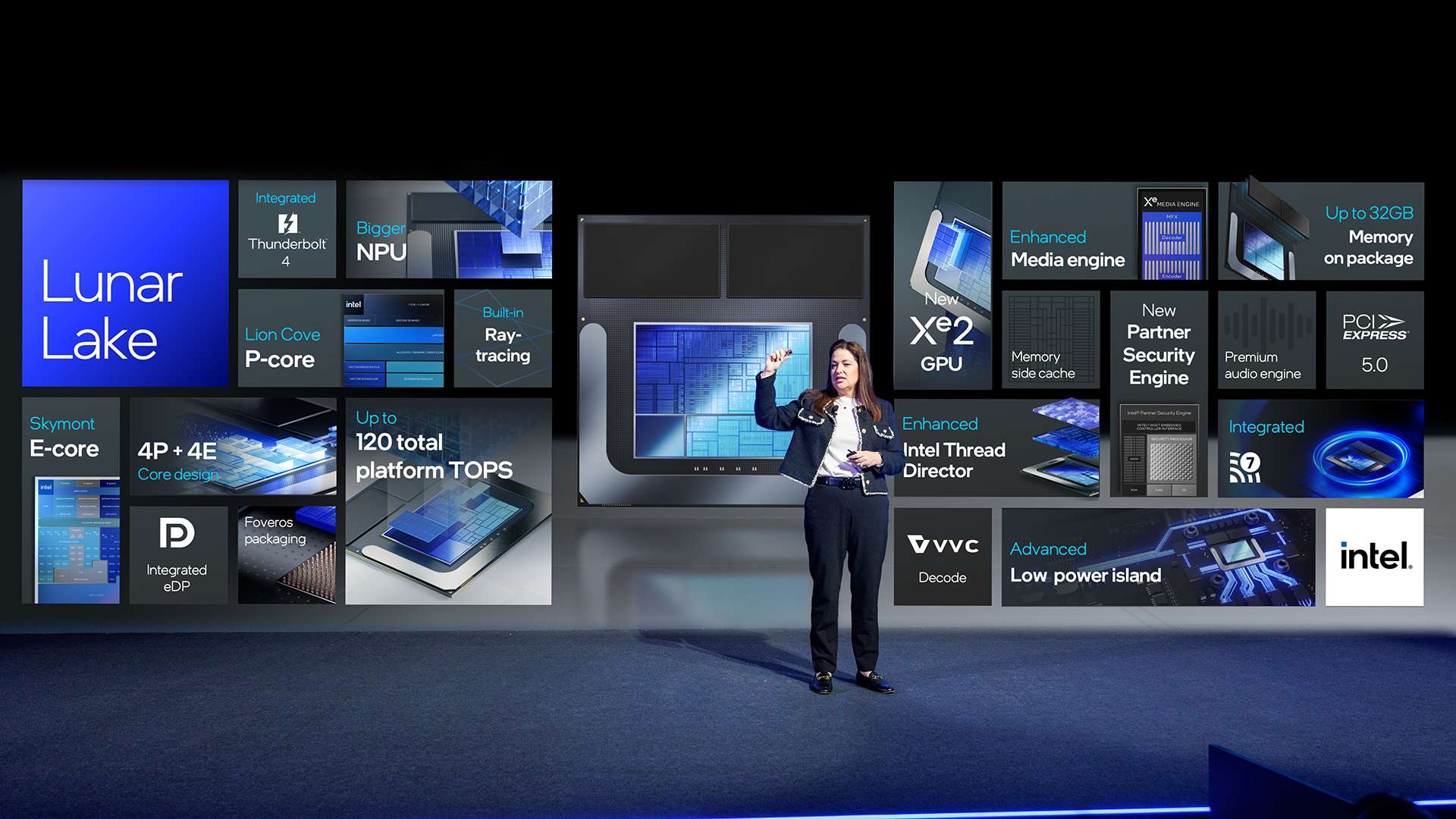 Michelle Johnston Holthaus, Intel’s executive vice president and general manager of the Client Computing Group, shows off Intel’s new Lunar Lake processor during the Intel Technology Tour in Taipei, Taiwan, in May 2024. Lunar Lake will power more than 80 new AI PC designs from more than 20 OEMs beginning in 2024’s third quarter. (Credit: Intel Corporation)